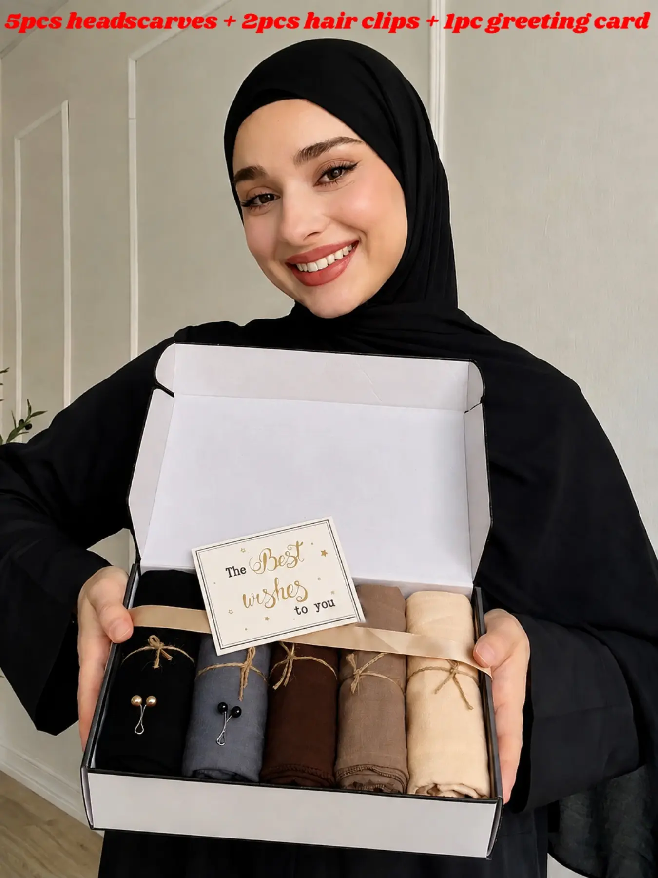 5pcs Soft Muslim Headscarf Gift Set, 165x55cm Breathable Hijab Shawl, Includes Hair Clips & Greeting Card, Perfect for Eid & Daily Use