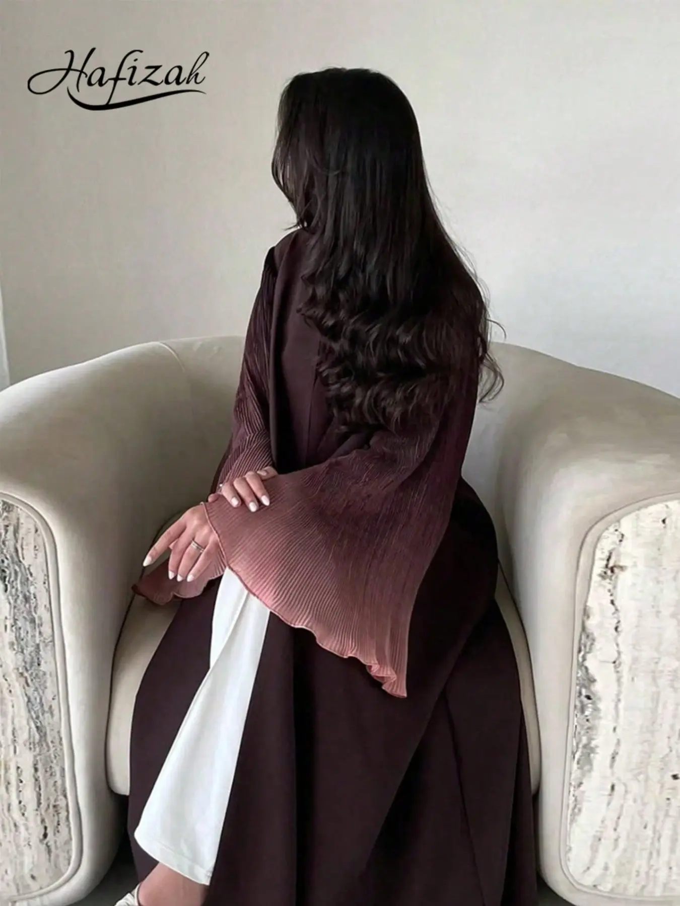 Hafizah Gradual Pleat Ruffle Bell Sleeve Long Cardigan, Loose-Fitting Smooth Flowing Outerwear for All Seasons, Women's Commuter Jacket Clothes