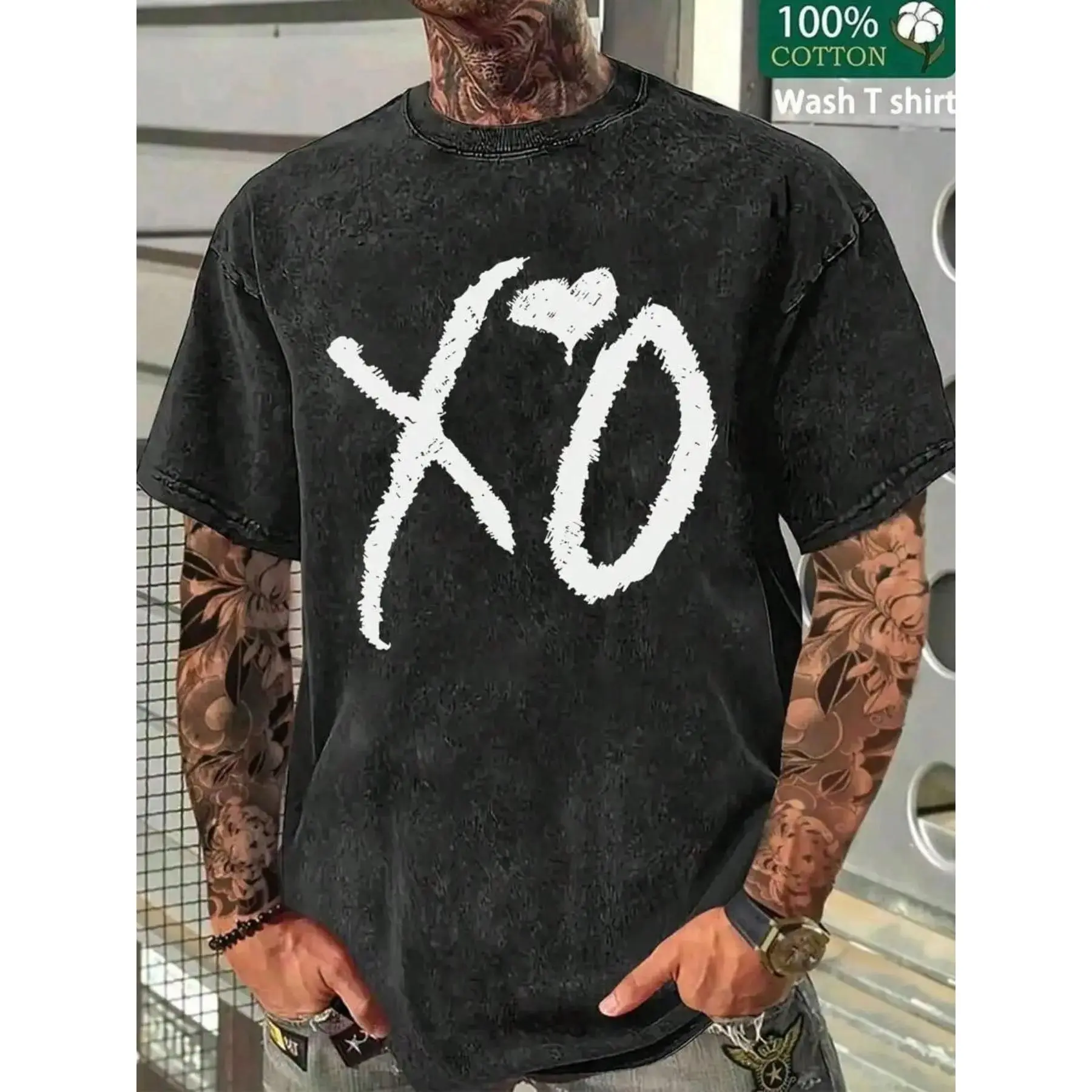 Men's Casual Sporty Short Sleeve Shirt, Xo & Heart Print, Comfortable Round Neck Tee for Outdoor Gym Shopping, Athletic Sports Clothing, Trendy Versatile Men's Clothing