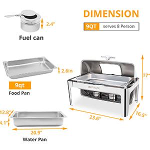 ROVSUN 9Quart 1 Pack Roll Top Chafing Dish Buffet Set, Stainless Steel Chafers for Catering, Rectangular Buffet Servers and Warmers Set with Glass Window for Parties, Banquet, Wedding, Full Size Plates