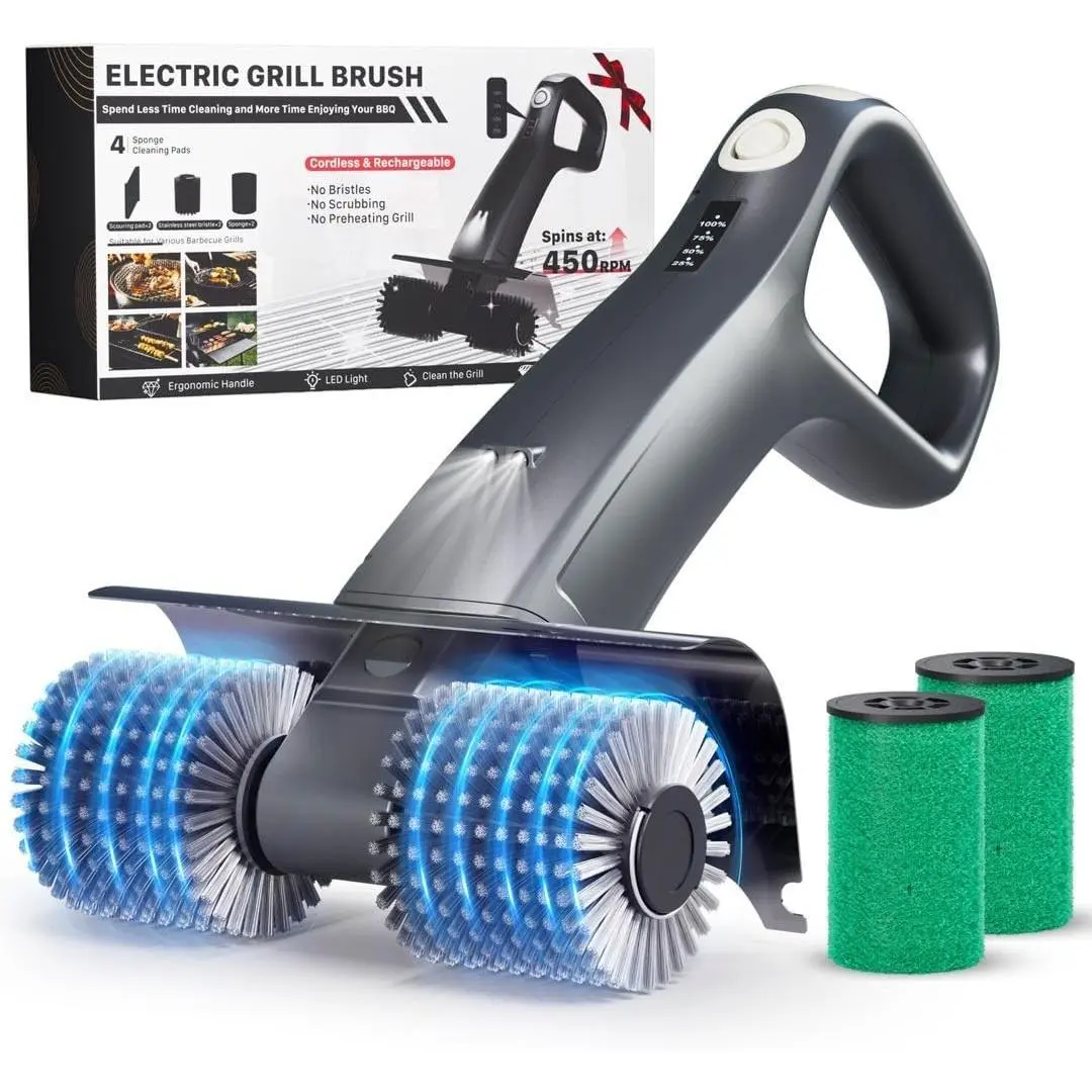 Electric Grill Brush Rechargeable, Dual Brush Heads Design Cordless Electric BBQ Grill Cleaner with Replaceable Head, No Bristles Grill Brush Outdoor Grill for Burnt-On Grease & Grill GratesGift