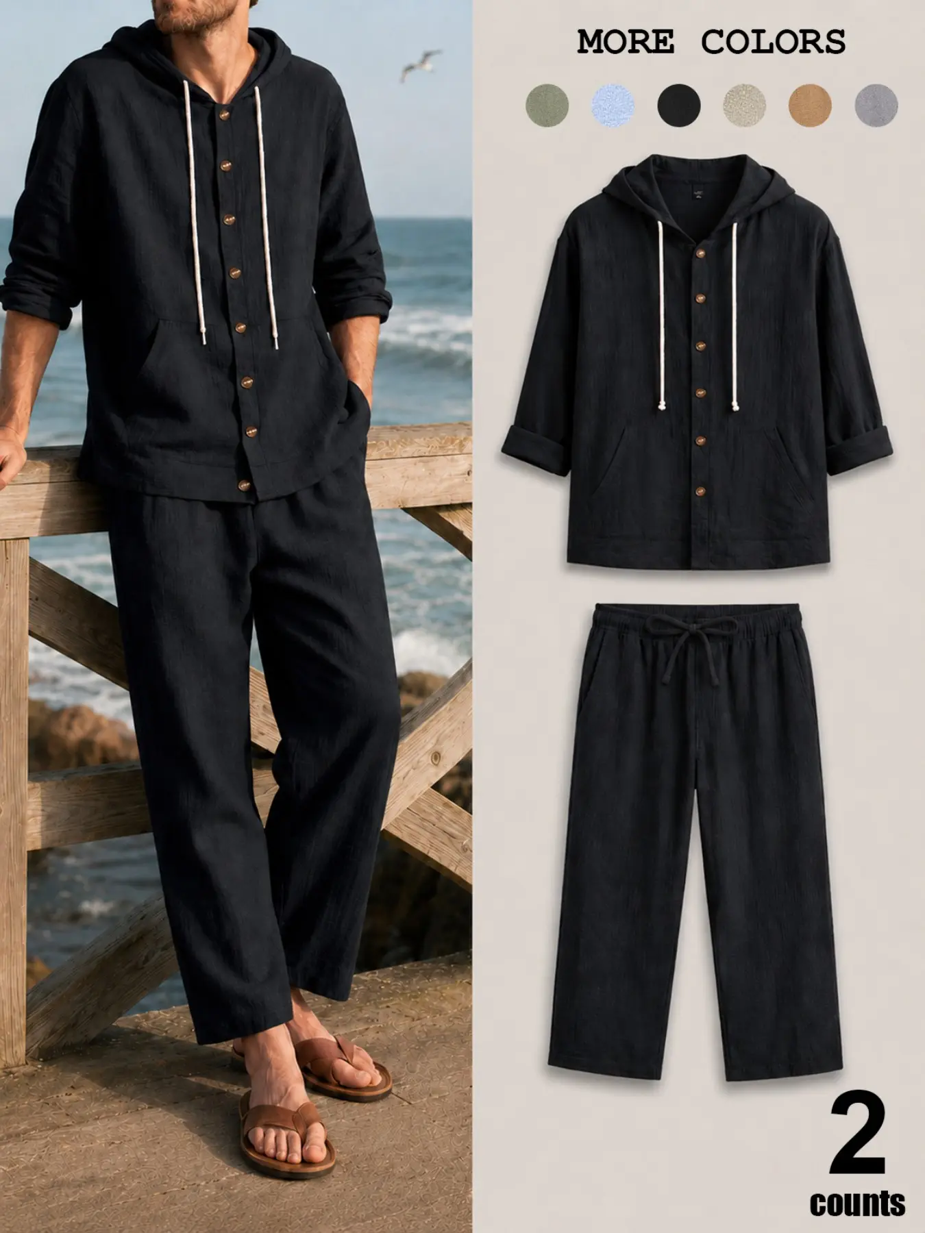 Men's Spring/Autumn Everyday Wear, Vacation, Beach, Sand, Textured Linen Drawstring Hoodie Suit, Work, Outdoor, City, Regular, Trendy, Street Style, Casual, Youthful, Simple, Campus, Retro, Versatile, High-Quality, Stylish, Individualistic