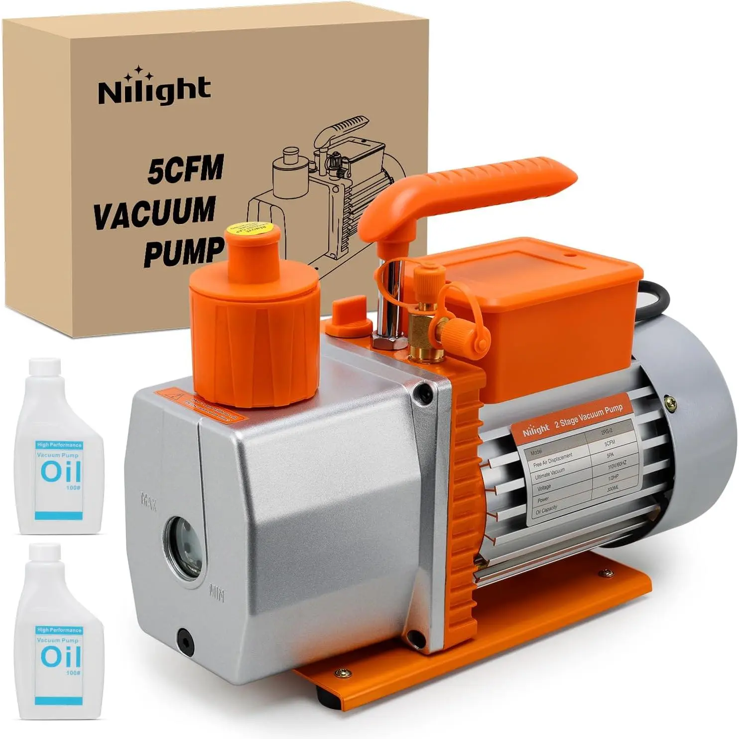 Nilight Vacuum Pump HVAC, 5 CFM 1/2 HP 110V 2 Stage AC Vacuum Pumps Kit for R22 R404a R134a R410a, 3x10⁻¹ Pa Ultimate Vacuum for Auto Air Conditioning Servicing Refrigerant Recharging, Oil Included