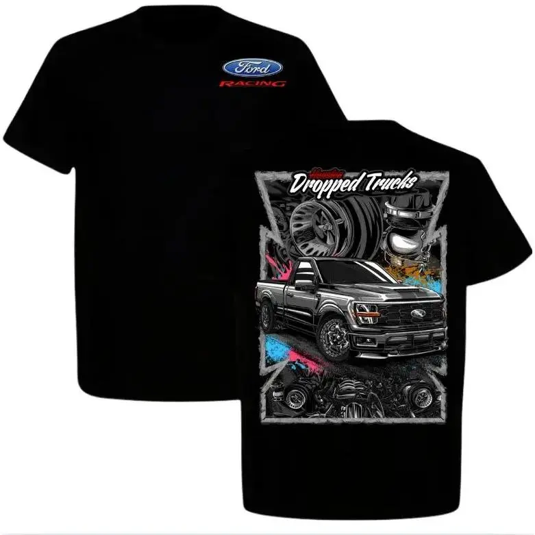 Men's Ford Racing Short-Sleeve Round Neck Black Cotton T-Shirt - Dropped/Lowered Single Cab F150 Turbo Graphic, Menswear Casual Sporty Chic Streetwear Top, Car Enthusiast Gift