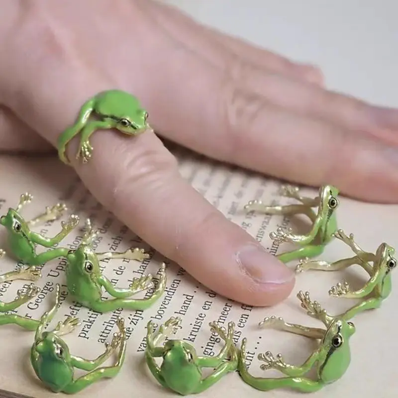 New Cute Green Frog Open Ring, Unique Whimsical Froggy Design, Niche Adjustable Statement Finger Jewelry for Women