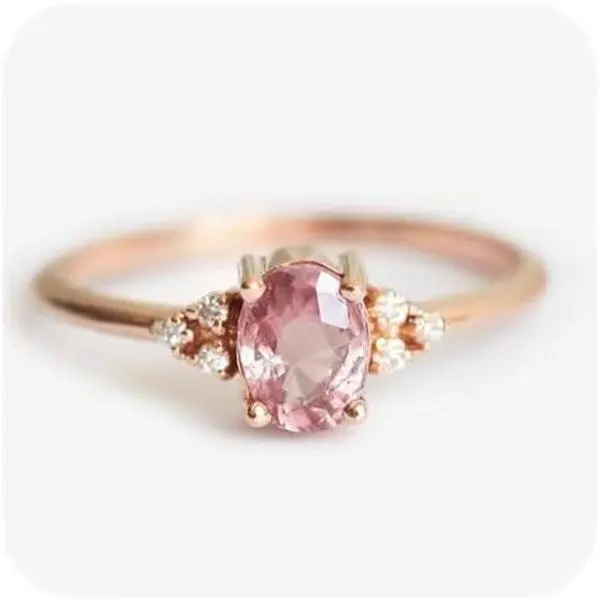 Oval-Cut Pink Sapphire & Zirconia Ring, Delicate Rose Gold Plated Statement Jewelry with Natural Gemstone Size 8