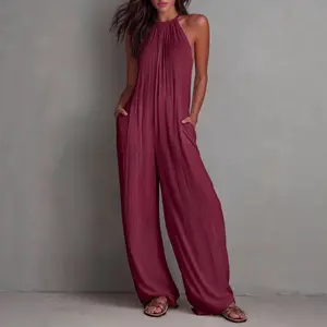 Women's Crinkle Halter Neck Sleeveless Backless Wide Leg Jumpsuit with Pockets, Loose Flowy Full Length One Piece Romper, Burgundy Casual Summer Beach Vacation Wedding Guest Date Night Travel Resort Loose Fit Long Pant Jumpsuits