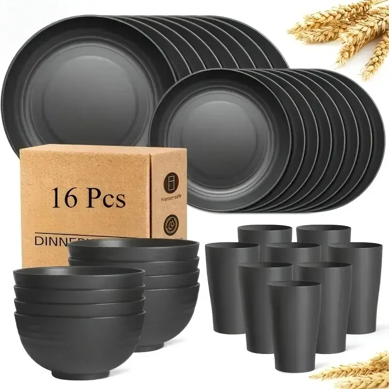 16-Piece Black & White Kitchen Cutlery & Tableware Set - Large Sturdy Plastic Tableware with Dinner Plates, Dessert Plates, Cereal Bowls, Cups, Degradable, Microwave-Safe, Dishwasher-Safe, Lightweight for Everyday Use, Camping, Degradable Dinner Sets, Mic