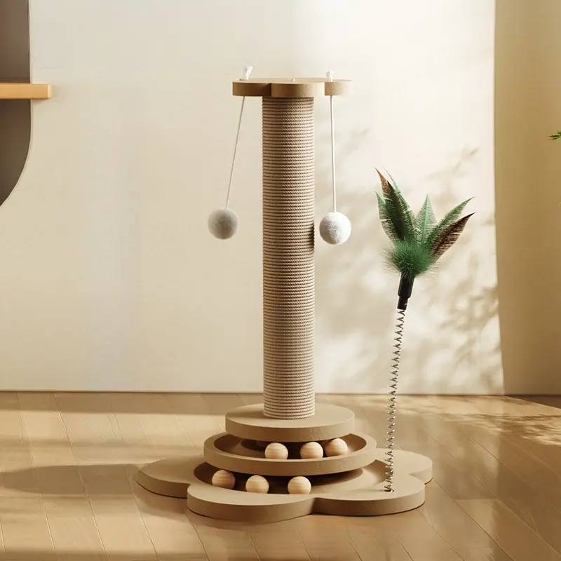 3-in-1 Interactive Cat Scratching Post with Spring Feather Wand and Rolling Ball Track, Stable Solid Wood Sisal Cat Scratcher for Indoor Kittens and Cats, Furniture Protection Toy