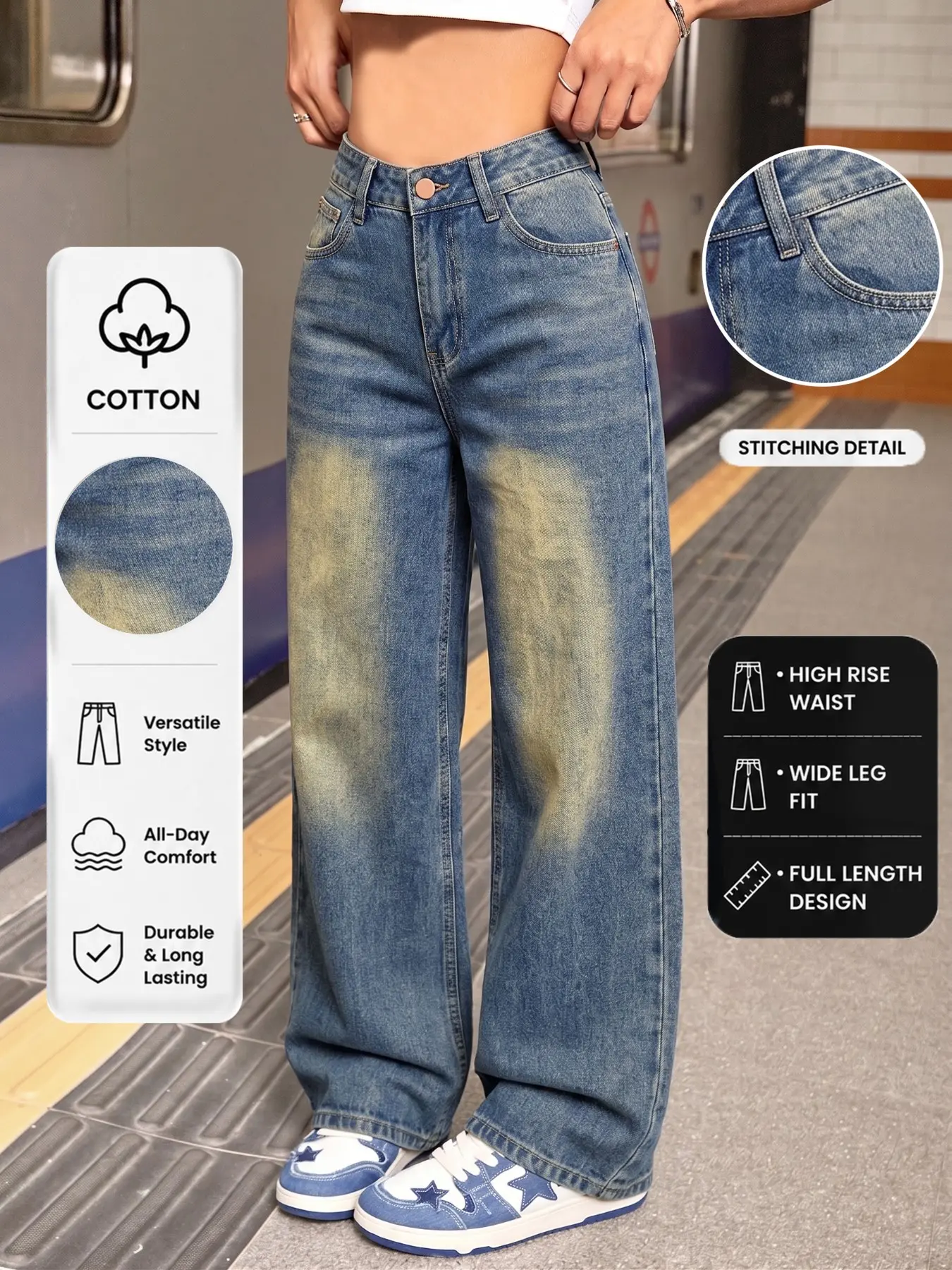 High Waisted Wide Leg Jeans for Women, Distressed Washed Denim Pants with Whiskering & Spray Effect, Slimming Streetwear, Trendy Summer Outfit, Elegant Casual Bottoms for All Seasons