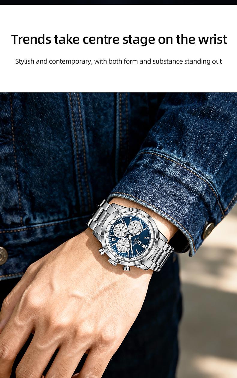 Men's Luxury Blue Dial Chronograph Quartz Watch - Stainless Steel Wristwatch with Tachymeter, Date Display, Multi-Function Subdials, Elegant Business Sport Dress Watch, Perfect Gift for Husband Dad Boyfriend