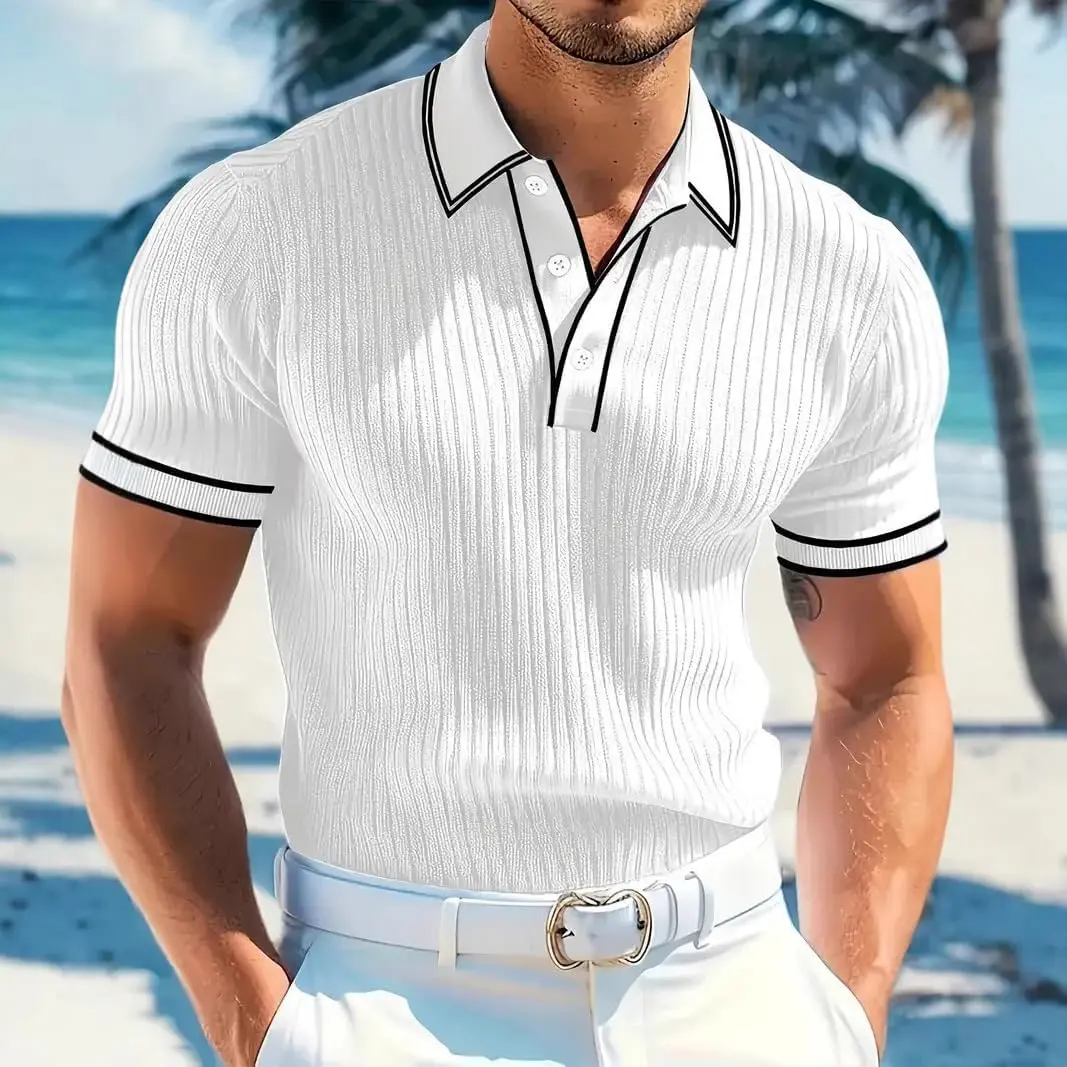 Men's Ribbed Knit Polo Shirt with Contrast Trim – Slim Fit Summer Vacation Short Sleeve Top