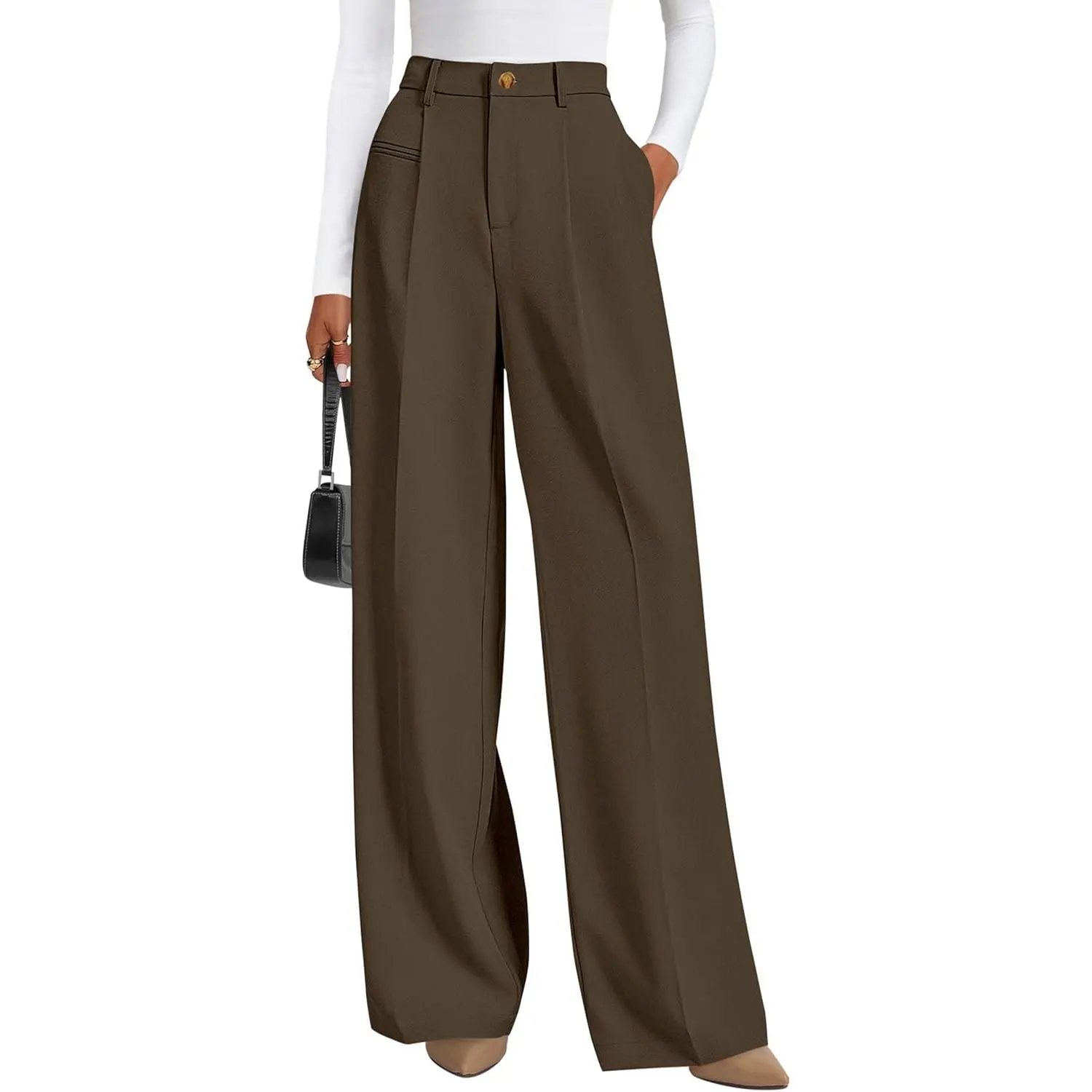 Ladies' High-Waisted Wide-Leg Crop Dress Pants - 2026 Chic Khaki Business Casual Work Slacks, Lightweight Flowy Fabric, Stretchy Elastic Breathable Cute Button-Bottom Palazzo Trousers (Pair with Crop Tops)