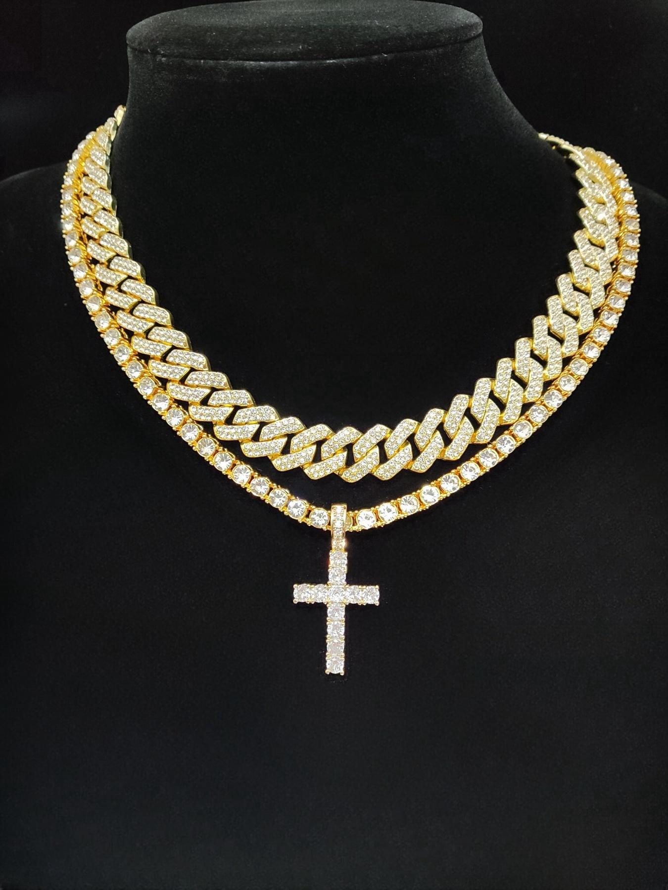 Easter Luxury Rhinestone Cross Pendant Necklace & Cuban Chunky Chain Matching Jewelry Set, Sparkly Streetwear Hip Hop Iced out Jewelry Set for Party, Gorgeous Trendy Accessories Cross Necklaces, Cuban Link Chain