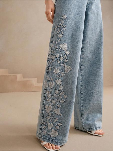 Women's embroidered, personalized, washable straight-leg denim, elastic, comfortable and versatile denim trousers