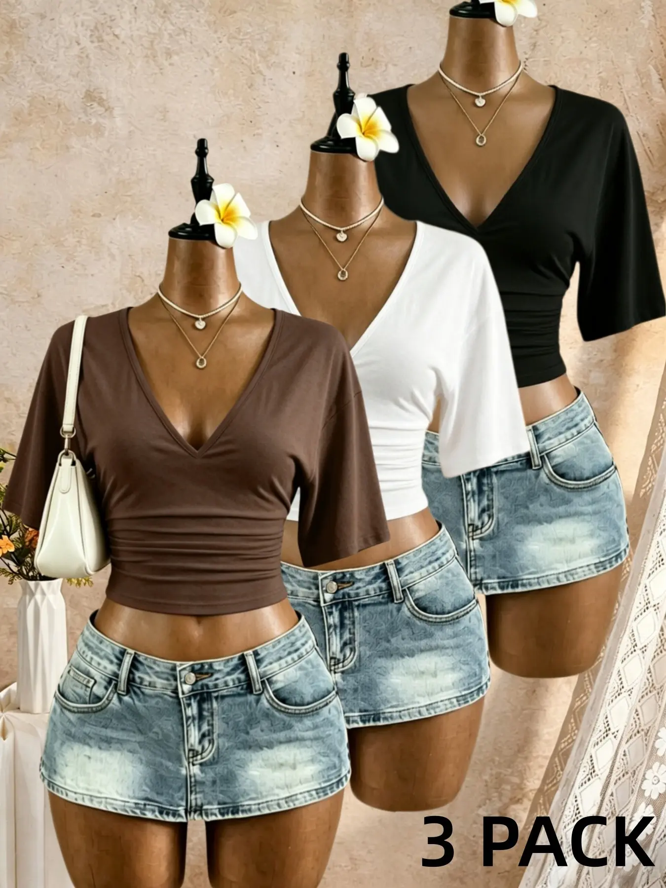 Women's Solid Deep V Neck Mid Sleeve Crop Top Set, Pleated Waist Slimming Casual Basic Short T-Shirt, Three-Piece, Casual Cropped Top