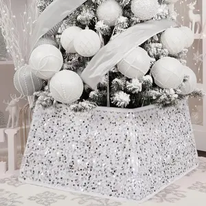 Christmas Tree Collar, 24 inch Sequin Tree Skirt Stand Base Cover for Home Decor, Medium Size 4 Piece, White
