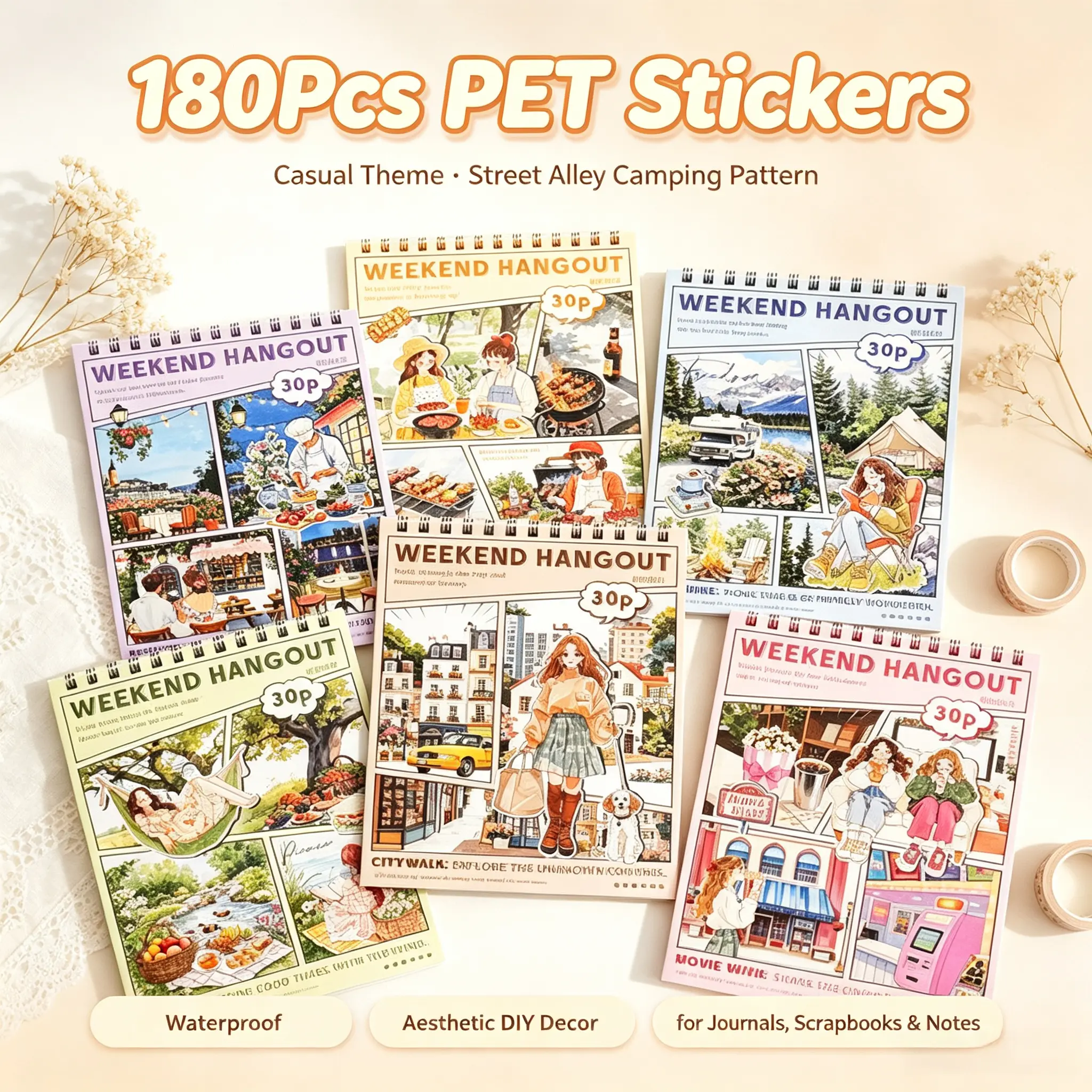 180Pcs Waterproof PET Casual Theme Stickers, Simple Street Alley Camping Pattern Stickers, Aesthetic DIY Decor Supplies for Journals Scrapbooks & Notes