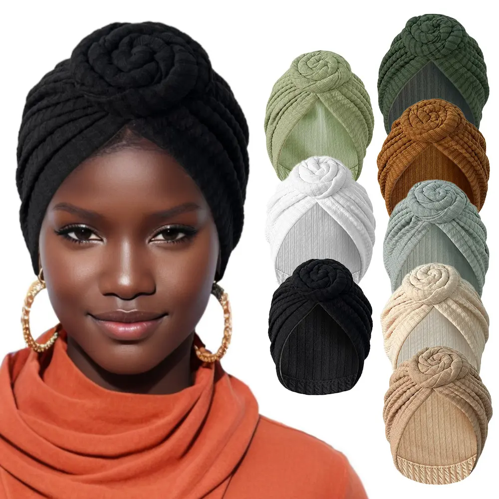 3D Rose Knotted Turban Ribbed Stretch Hair Wrap Solid Color Women Fashion Head Scarf For Daily Party Wedding