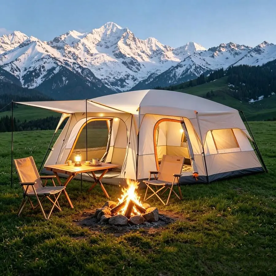 4/8/12 Person Outdoor Camping Tent, Double Layer Rainproof, Windproof, And Sunproof, With Breathable Mesh Windows, Suitable For All Seasons, Portable Outdoor Tent For Hiking, Beach Trips, And Other Outdoor Activities
