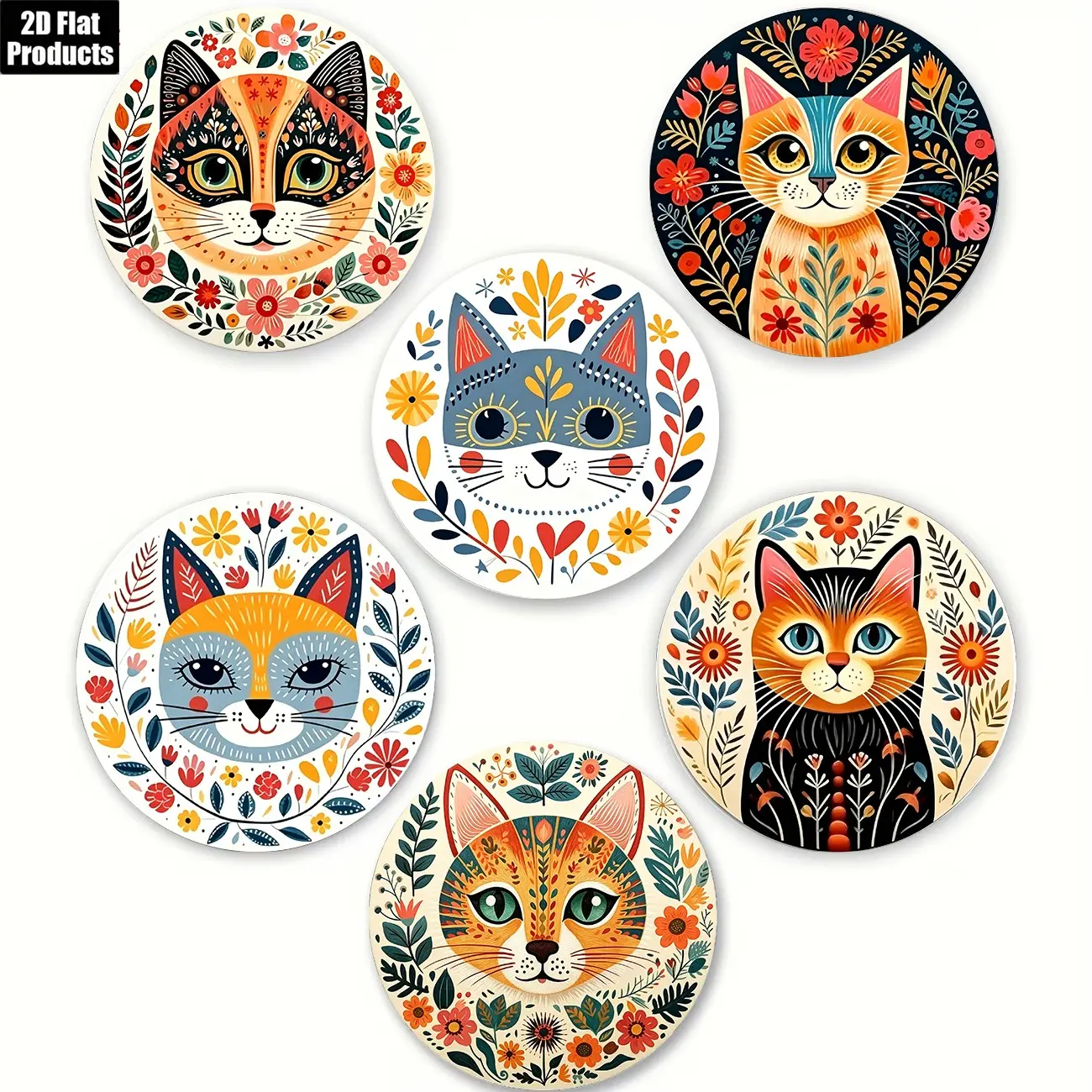 Bohemian Style 6-Piece Wooden Coaster Set, Cat Series, Ideal for Cafes, Bars, Home Office, Desktop Decor, 3.54in X 3.54in X 6