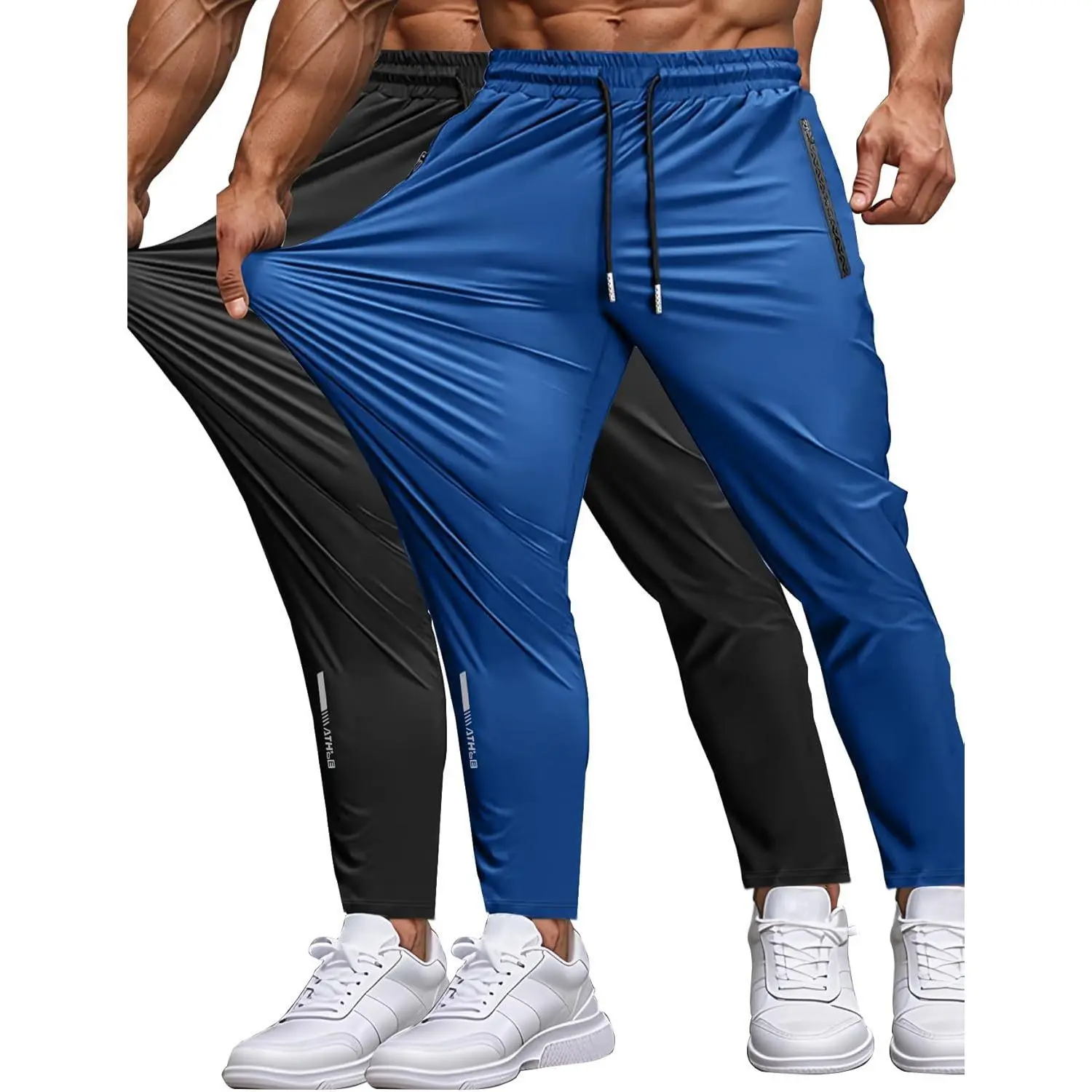 Men's Lightweight Quick-Dry Athletic Joggers, Male Wear with Zip Pockets, Machine Washable for Running Gym & Golf, Pack of 2 Active Workout Pants, Machine Wash, Pack Of Two