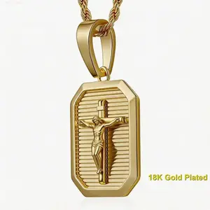 18K Gold Plated Crucifix Pendant Necklace For Men Women Jesus Cross Dog Tag Rope Chain Religious Charms Christian Aesthetic Streetwear Jewellery Daily Wear Gift