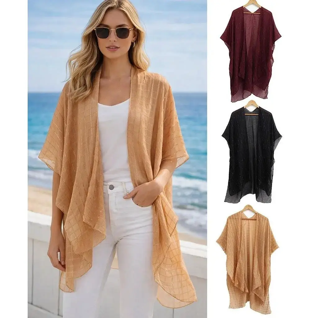 Women's Sheer Floral Kimono, Lightweight Boho Cardigan for Summer, Beach Swimsuit and Dress Cover Up, 180 cm, Cover Ups Swimsuits, Plain, Basic, Beach Outfits, Polyester Clothes, Kimono Cardigan, Loose Wrap, Swimwear Shawl, Swimsuit Coverup, Women's Cloth