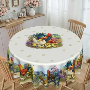 Rustic Farmhouse Floral Chicken Print Round Tablecloth, Thickened Twill Material, Polyester Faux Suede, Party Decor, Kitchen & Dining Decor, Holiday Gift
