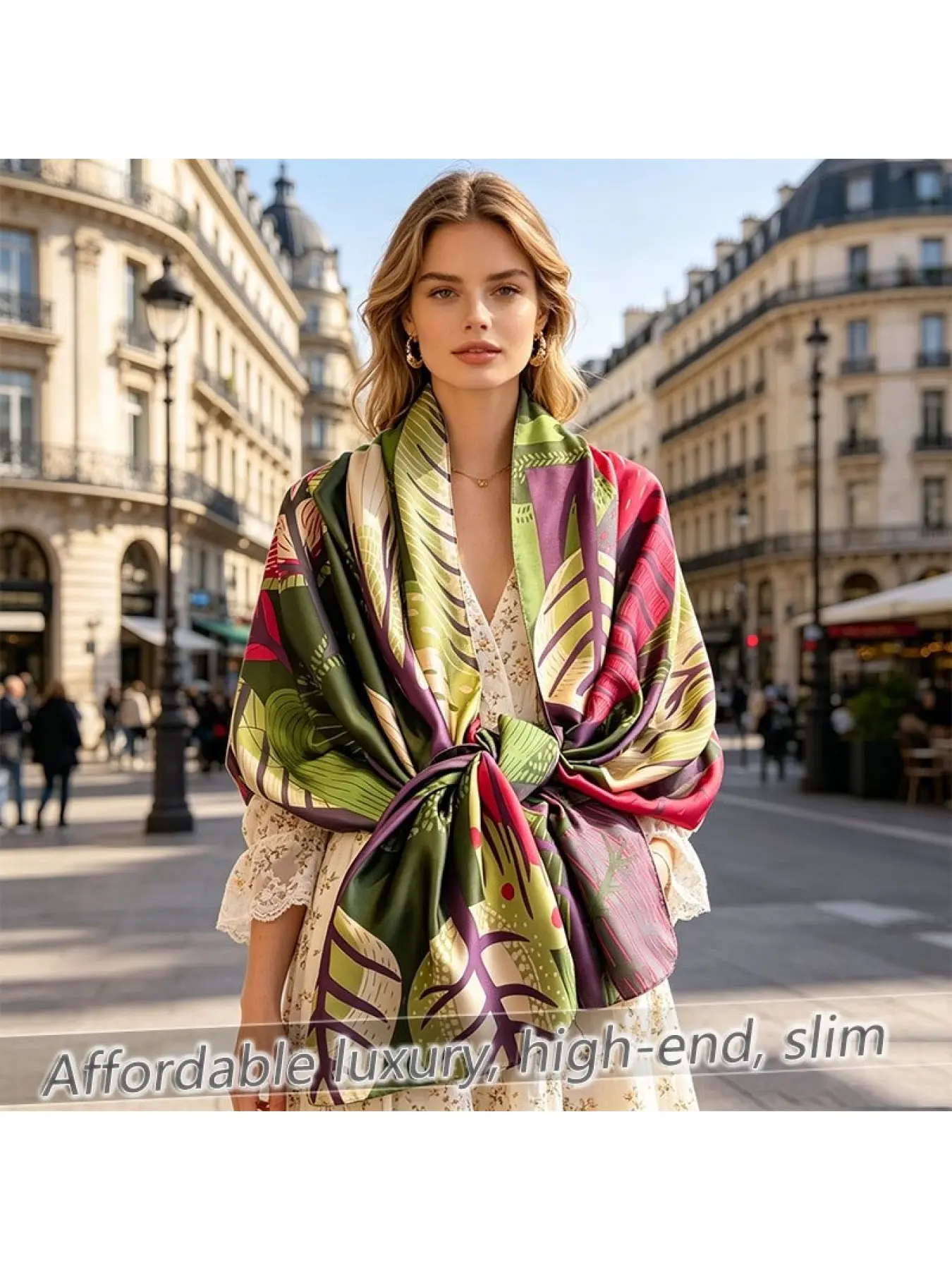 1 piece of 100% silk shawl, suitable for all seasons - Korean-Japanese-European style leaf-patterned shawl, lightweight and fashionable, featuring green and rose-red plant patterns, suitable for vacations, parties, and weddings, can be hand-washed