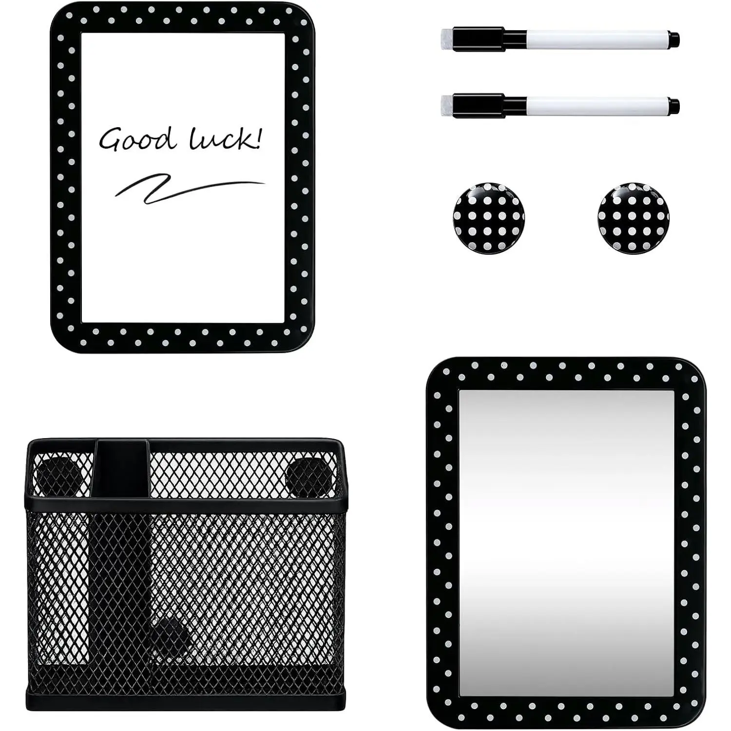 Locker Accessories Kit, Includes Magnetic whiteboard, Locker Mirror, Cute Polka dots Magnetsand, Marker&Magnetic Pen Holder, School & Work Decor, Back to School Essentials Black