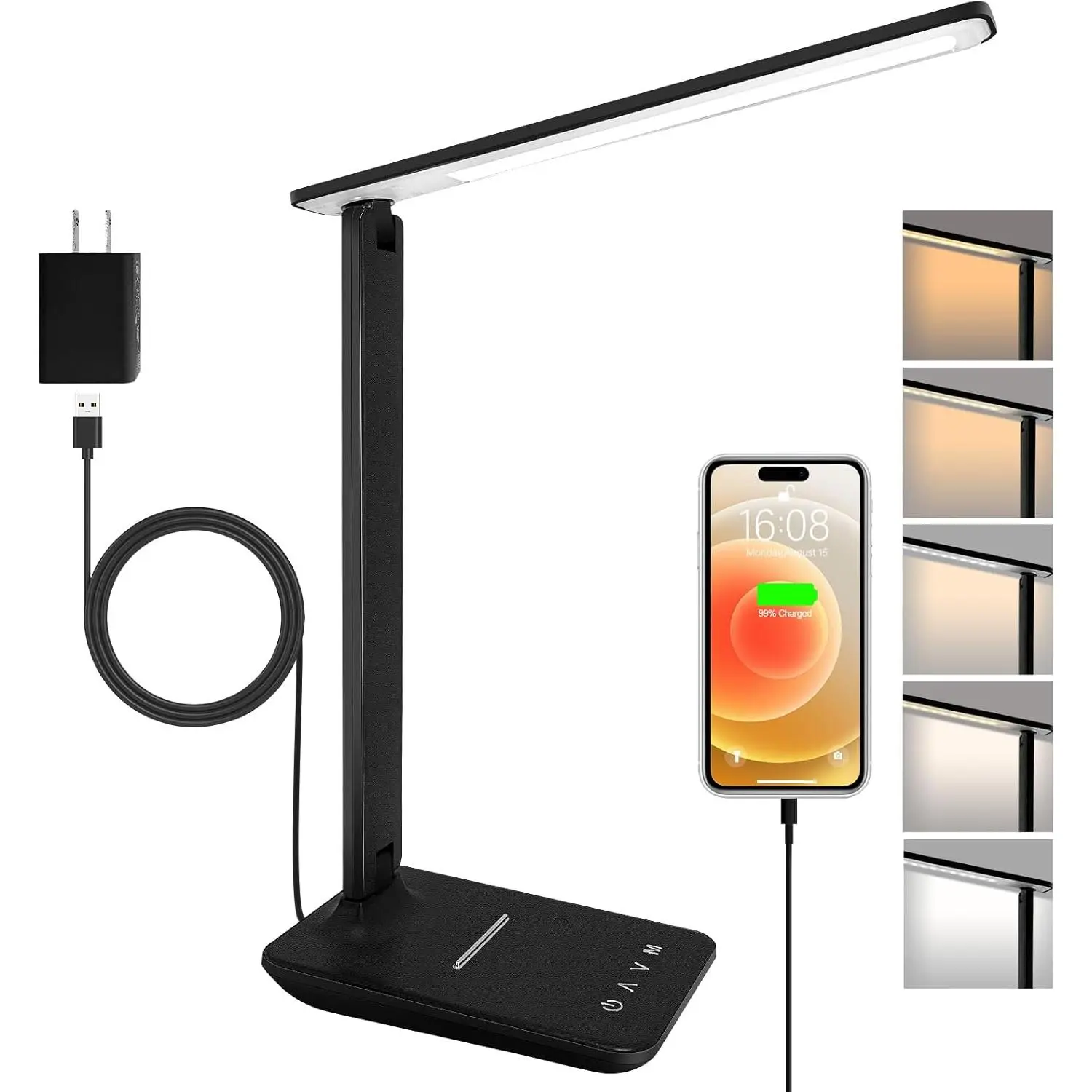 LED Desk Lamp for Office Home, Bright Desk Light with USB Charging Port, Adjustable Dimmable Desk Lamps 5 Modes 5 Brightness, Touch Study Lamp for Nail, Craft, Puzzle, Sewing, Study, Black
