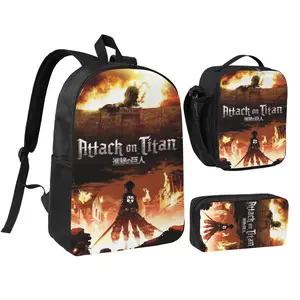 Anime Attack On Titan2 backpack with lunch bag pencil box for Teen Girls Boys, 3pcs kids school bag with adjustable straps, office travel bag Bookbag lunchbox