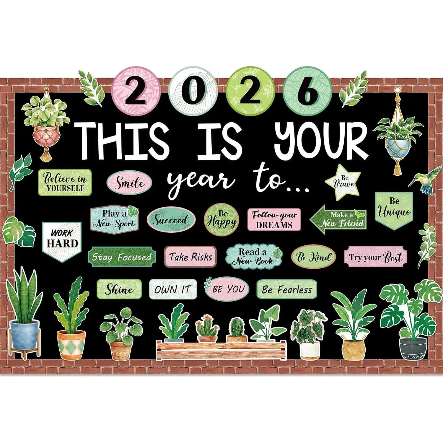 Motivational Potted Leaf Cutouts Bulletin Board Set, Modern Decorative School Classroom Decor for Teachers, Office Chalkboard Door Wall Accents