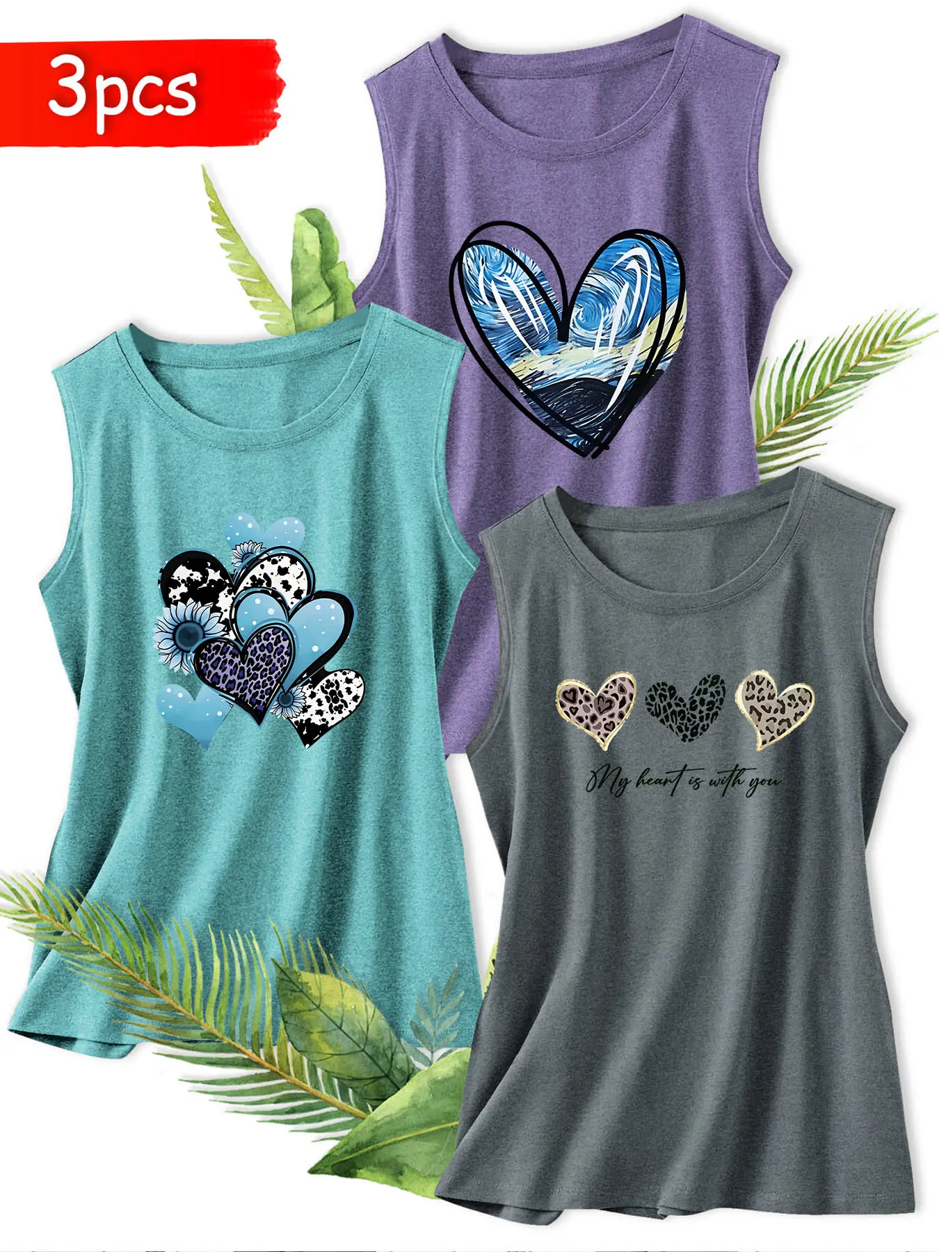 3Pcs Women Crew Neck Tank Top, Van Gogh Starry Heart Leopard Mix Print, Soft All-match Spring Fashion Three-piece Tank Set