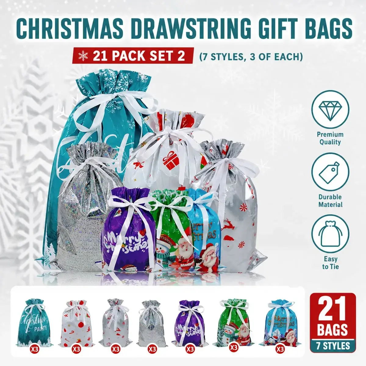 21 Pcs Christmas Drawstring Gift Bags,Large Jumbo Assorted Size,Durable Colorfast  Gift Bags with  Clourful Tags, Gift Bags  ,Colorful Drawstring-Shiny  Reusable Material,  Wrapping Gift Bags, Christmas Bags for Gifts Kringle Express Gift Bags,Loot Bags