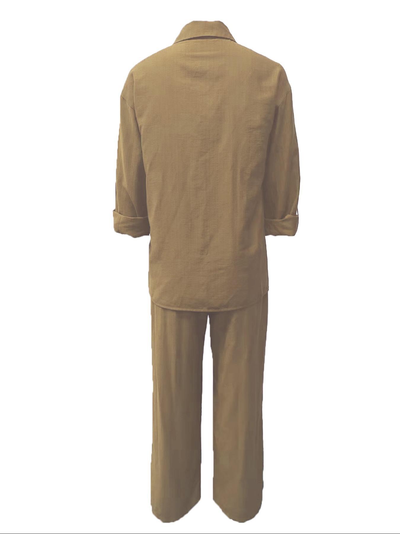 Women's Solid Color Long Sleeve Shirt & Wide Leg Pants Set, Casual Fashion Cozy Breathable Two-piece Outfits for Daily Outdoor Wear, Women Clothes for Spring Fall Women's Solid Color Long Sleeve Shirt & Wide Leg Pants Set, Casual Fashion Cozy Breathable Two-piece Outfits for Daily Outdoor Wear, Women Clothes for Spring Fall