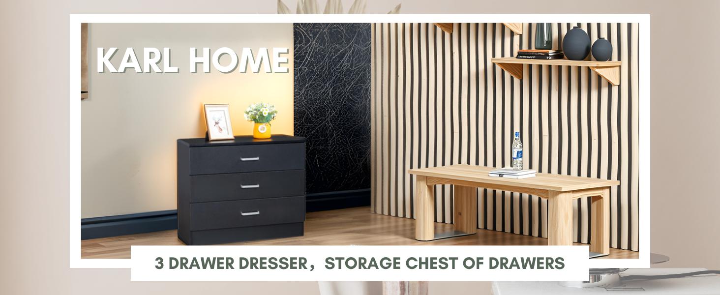 Karl home 3 Drawer Dresser, Modern Storage Chest of Drawers, Wood Bedside Table Night Table for Bedroom,Living Room (Black)