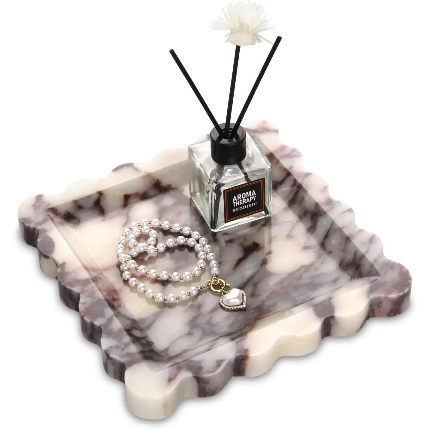 Square Marble Decorative Tray with Scalloped ,Luxury  Calcutta Stone Bathroom  Tray, Dresser Top Perfume Coffee  Sink Tray, Key Trinket Ring (Turkey Calacatta Viola, 8 * 8)