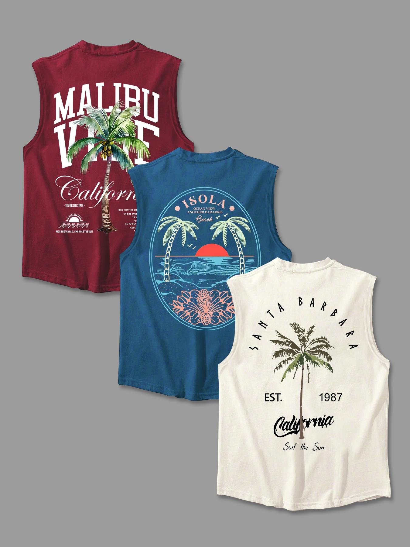 Men's Letter & Palm Tree Print Round Neck Tank Top, Regular Fit Casual Graphic Sleeveless Vest for Summer, Men's Top for Daily Wear, Menswear, Tank Tops Workout