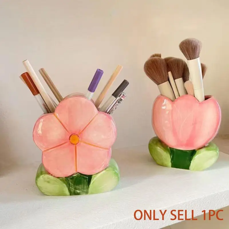Cute Flower Ceramic Makeup Brush Holder, Desktop Pen Holder Decorative Storage Organizer, Elegant Tabletop Accessory for Beauty Tools, Desktop Accessories