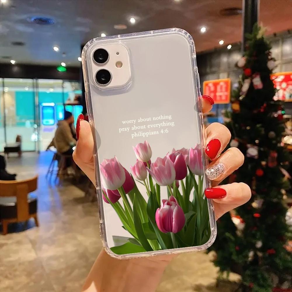 Pink tulip Philippians 4:6 Christian aesthetic pattern, anti-drop, non-slip TPU large hole lens transparent mobile phone protective case, suitable for iPhone 17 16 15 14 13 12 11 XS X and other series models, holiday gifts for friends or family