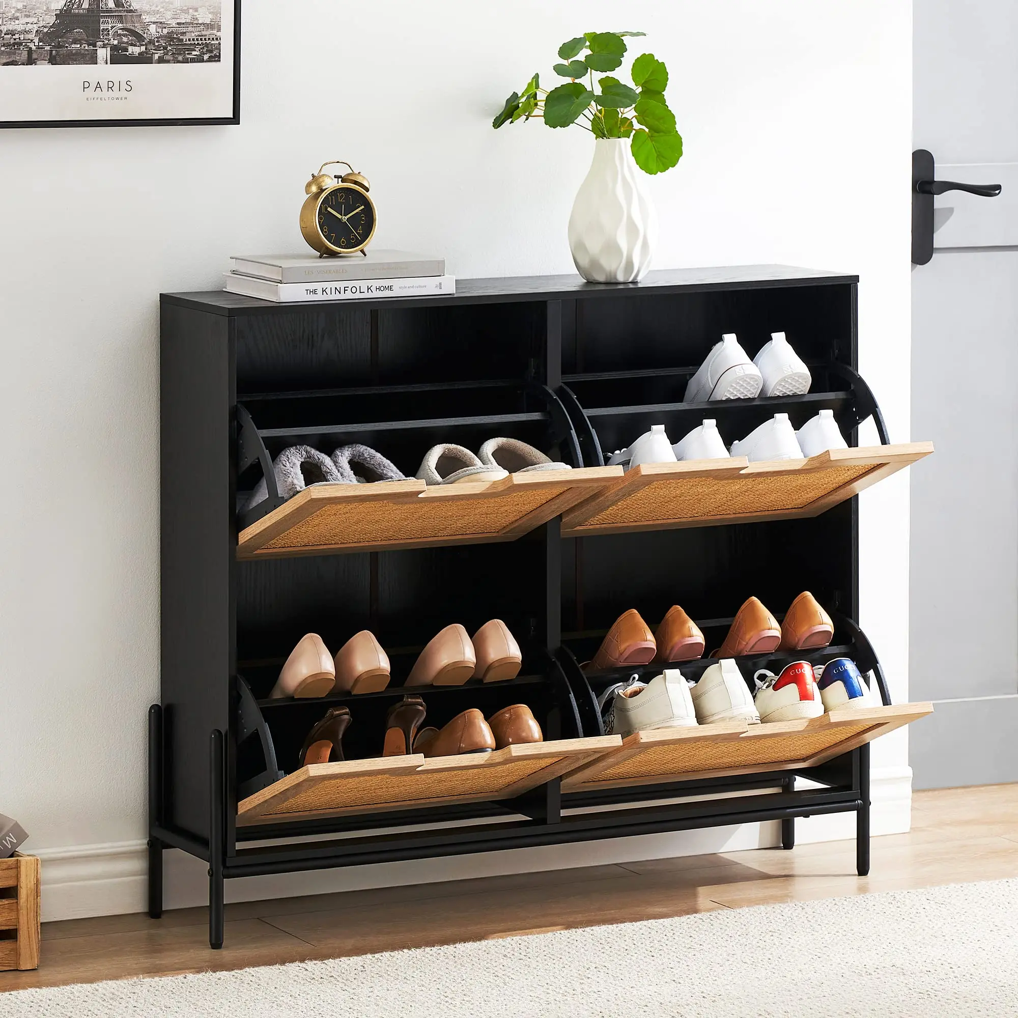 Garvee Rattan Shoe Cabinets, Entryway Shoe Cabinet with 4 Doors, Adjustable Shelves, 100 x 24 x 102 cm, Black, Modern Style, for Hallway, Entryway