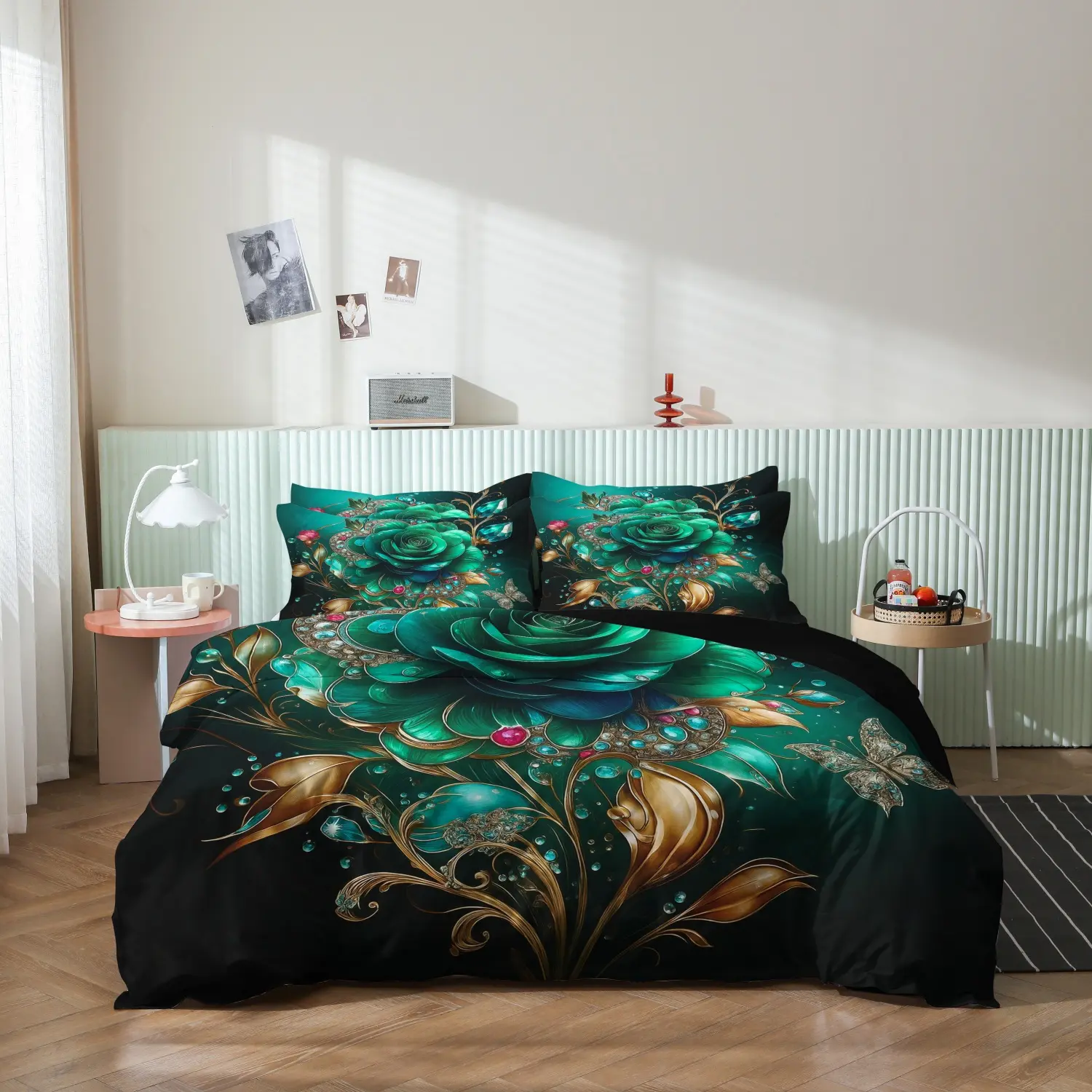 3 Pieces Luxury Emerald Green Gem Rose Duvet Cover Set,  Golden Leaf Crystal Butterfly Floral Printed Bedding, For Bedroom Home Decoration, Multiple Sizes Available (1 Duvet Cover + 2 Pillowcases, No Comforter No Pillow)