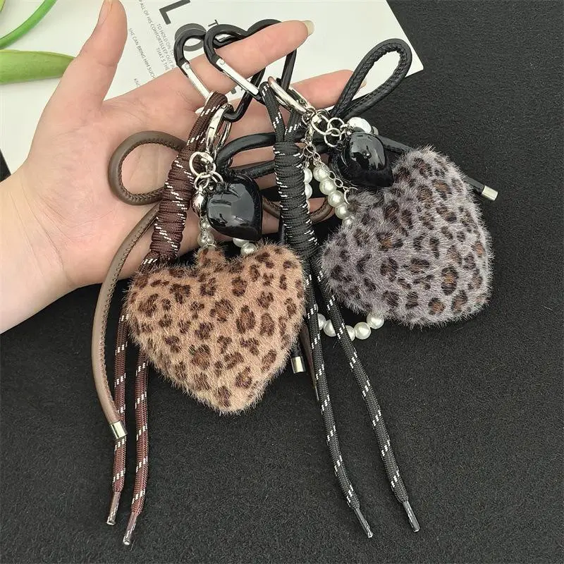 Y2K Leopard Print Plush Heart Bag Charm | Braided Rope Keychain - Furry, Perfect for 2000s Aesthetic & Bag Styling,summerwins