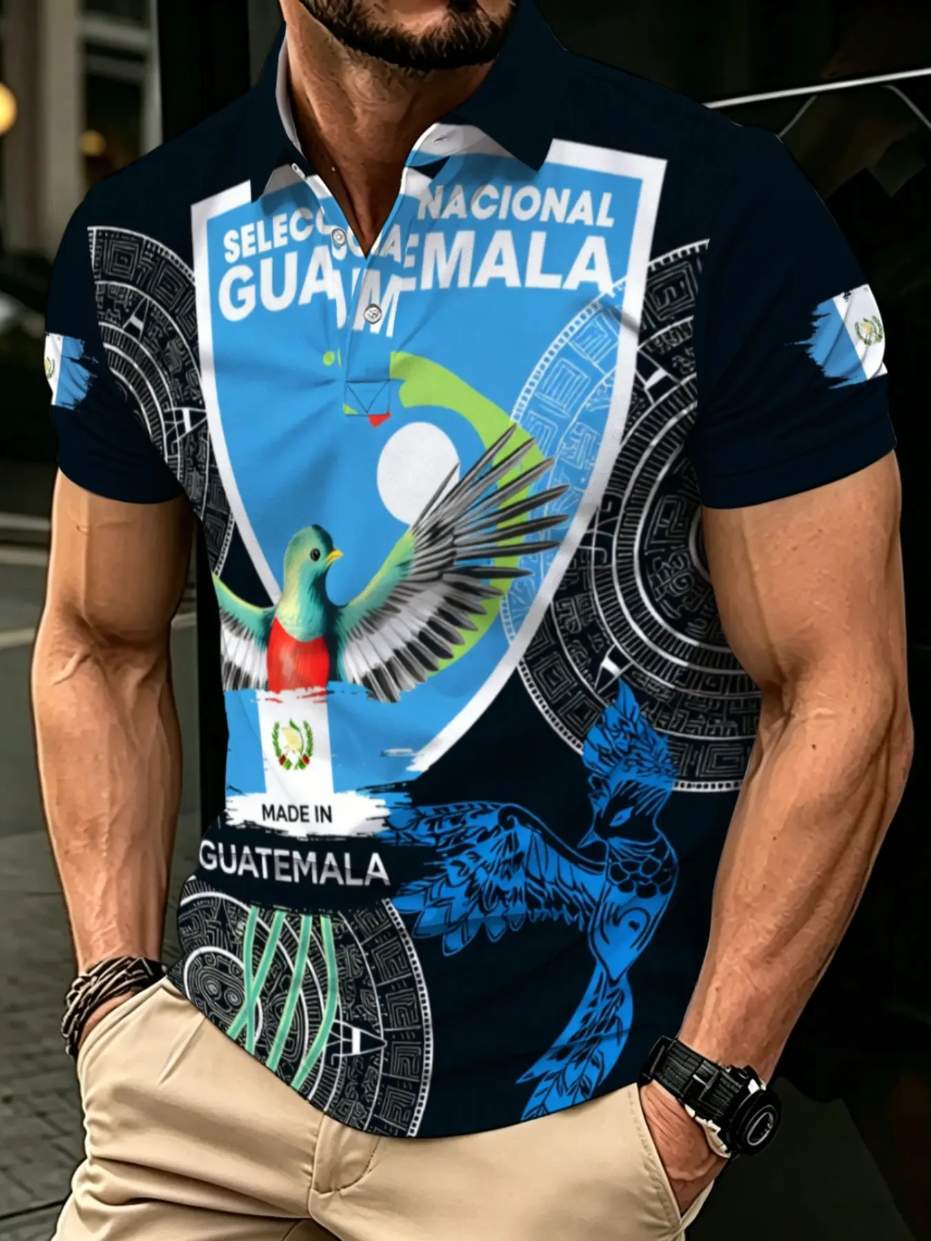 Men's Polo Shirt with Guatemala National Team Elements Print Blue and Black Casual Loose Lapel T-Shirt Summer Breathable Polo Shirts Sports Top, Football Game Day Casual Outfit For Soccer Fan Ethnic Retro Printed For Party Sport, Menswear
