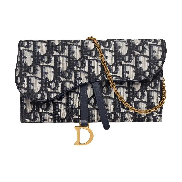 Dior Saddle Oblique Monogram Chain-Strap Wallet and Clutch Bag for Women, Denim Blue