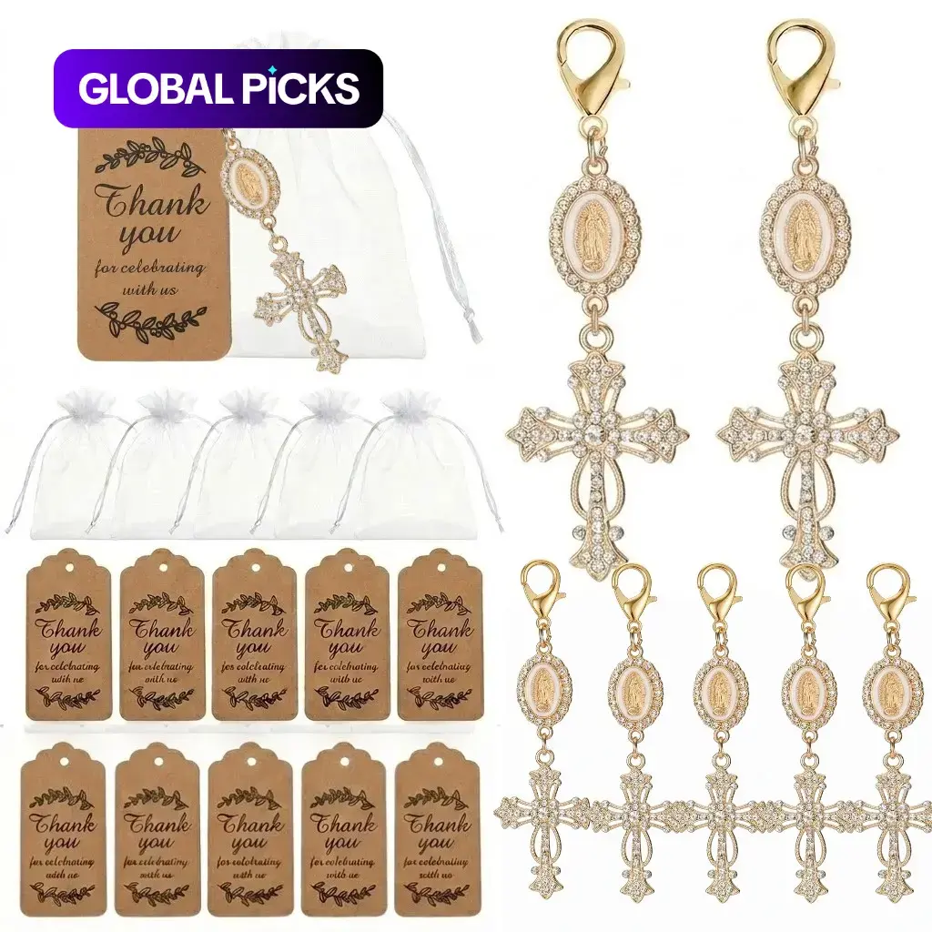 12 Sets Elegant Gold Rhinestone Cross Charm Bling Bling Keychains with Sheer Gift Bags and Kraft Tags, Perfect for Baptism, Communion, and Event Decor, Collectible Keepsake Favors, Key Charms #GLOBAL PICKS