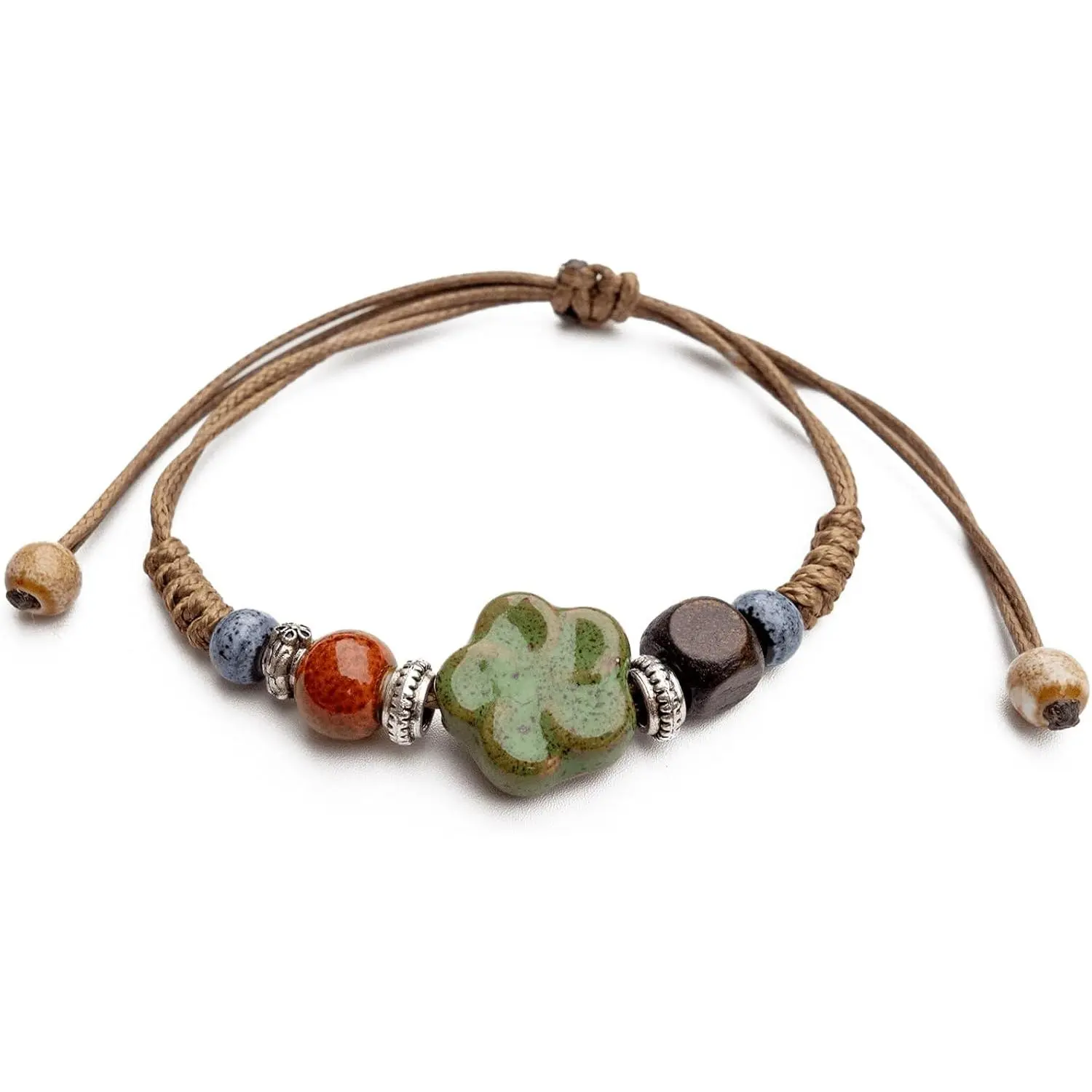 Boho Navy Blue Ceramic Beads Bracelet with Leaf , Adjustable Bohemian Friendship Bracelet for Men and Women,  Hippie  Gifts