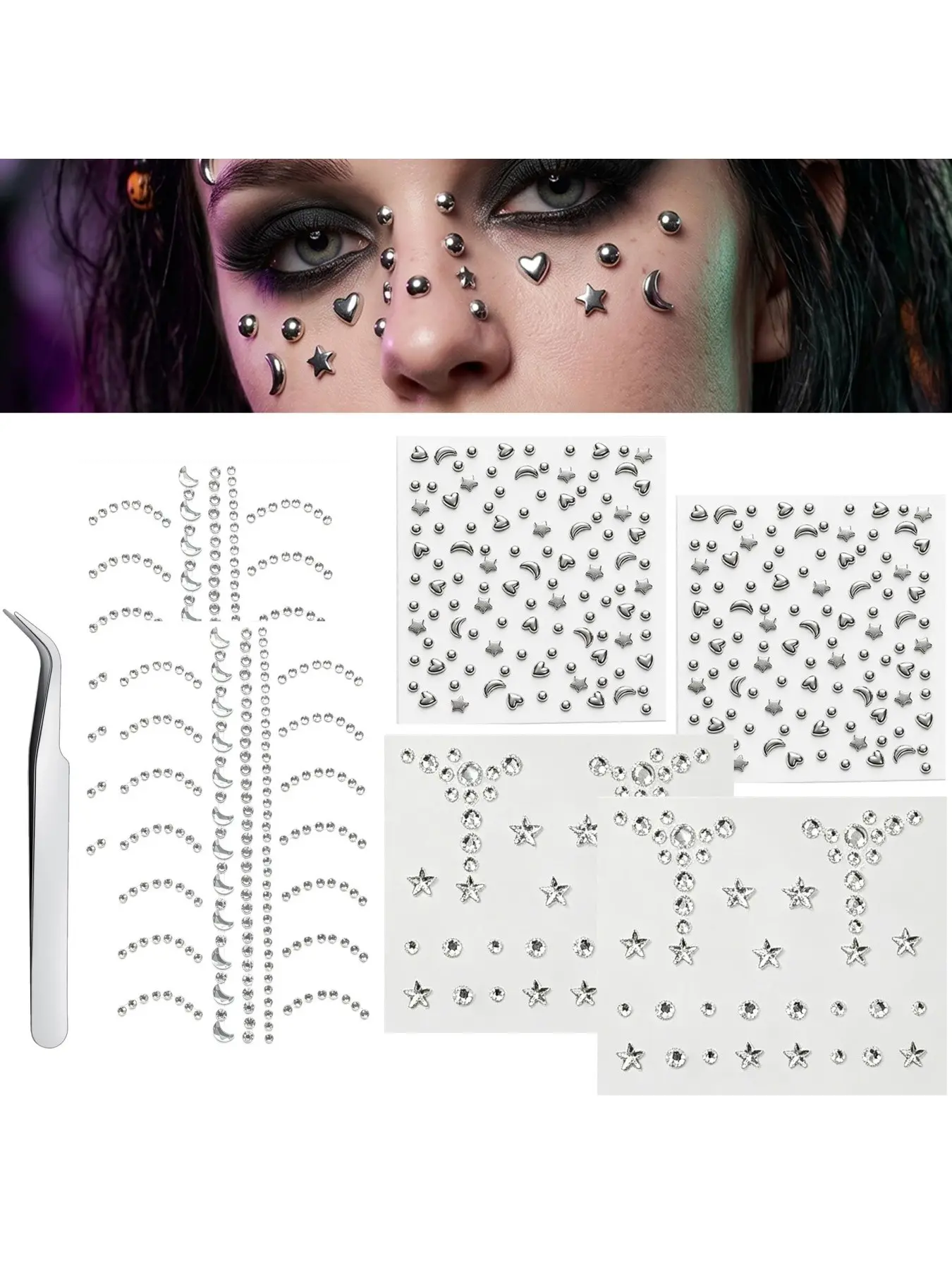Longita Mix Fake Piercings Balls Stick on Nose Stud Fake Eyebrow Lip Hoop Medusa Labret Stud Adhesive Star Face Gems Rhinestone Hair Cuffs Makeup Non Piercing for Halloween Y2K Festival Accessory